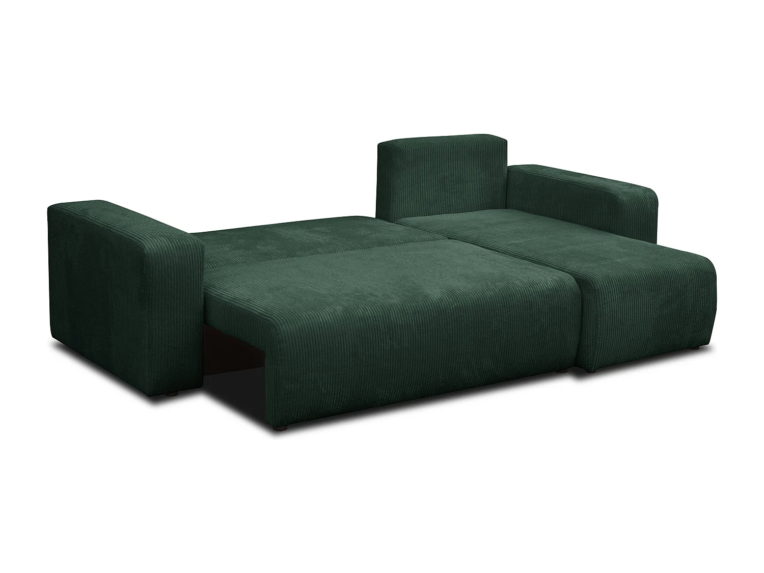 Canapé d'angle Luna L avec fonction de couchage et coffre de rangement, couleur : vert, tissu cordé, pouf universel