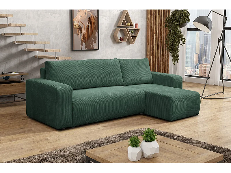 Canapé d'angle Luna L avec fonction de couchage et coffre de rangement, couleur : vert, tissu cordé, pouf universel