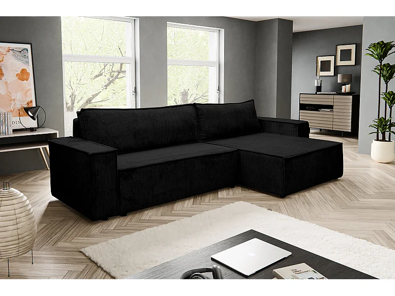 Canapé d'angle Hugo XL avec fonction couchage et coffre de rangement, couleur : noir, tissu velours côtelé, ottomane à gauche ou à droite