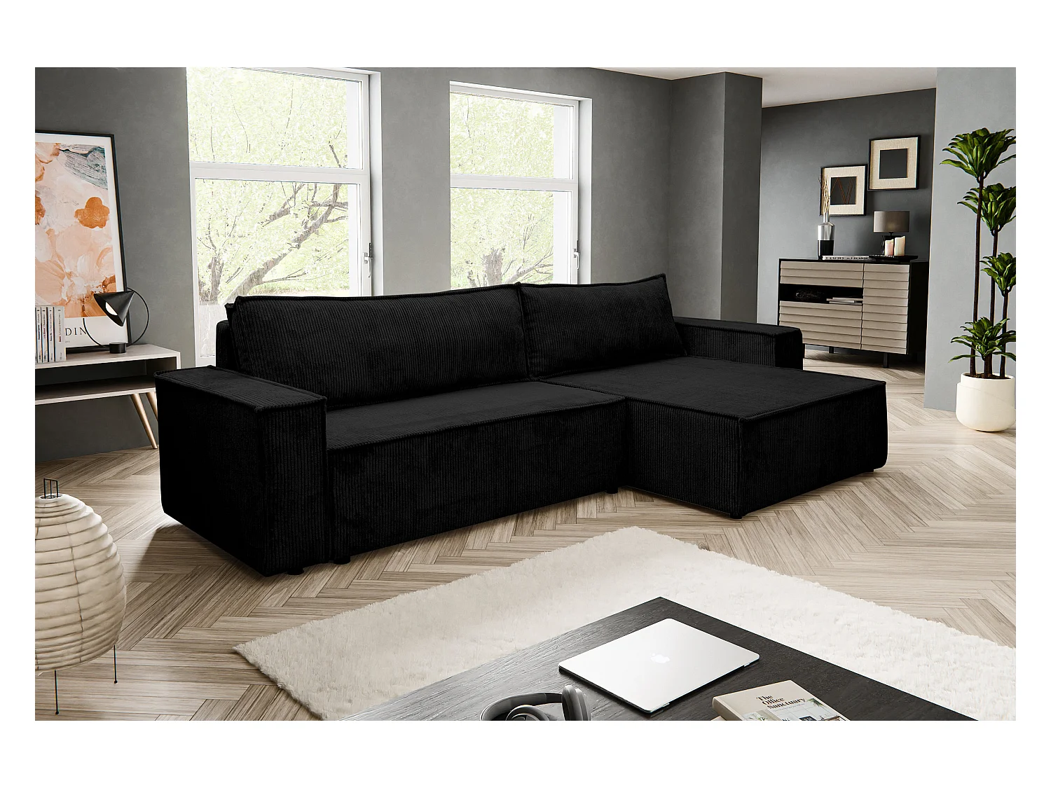 Canapé d'angle Hugo XL avec fonction couchage et coffre de rangement, couleur : noir, tissu velours côtelé, ottomane à gauche ou à droite