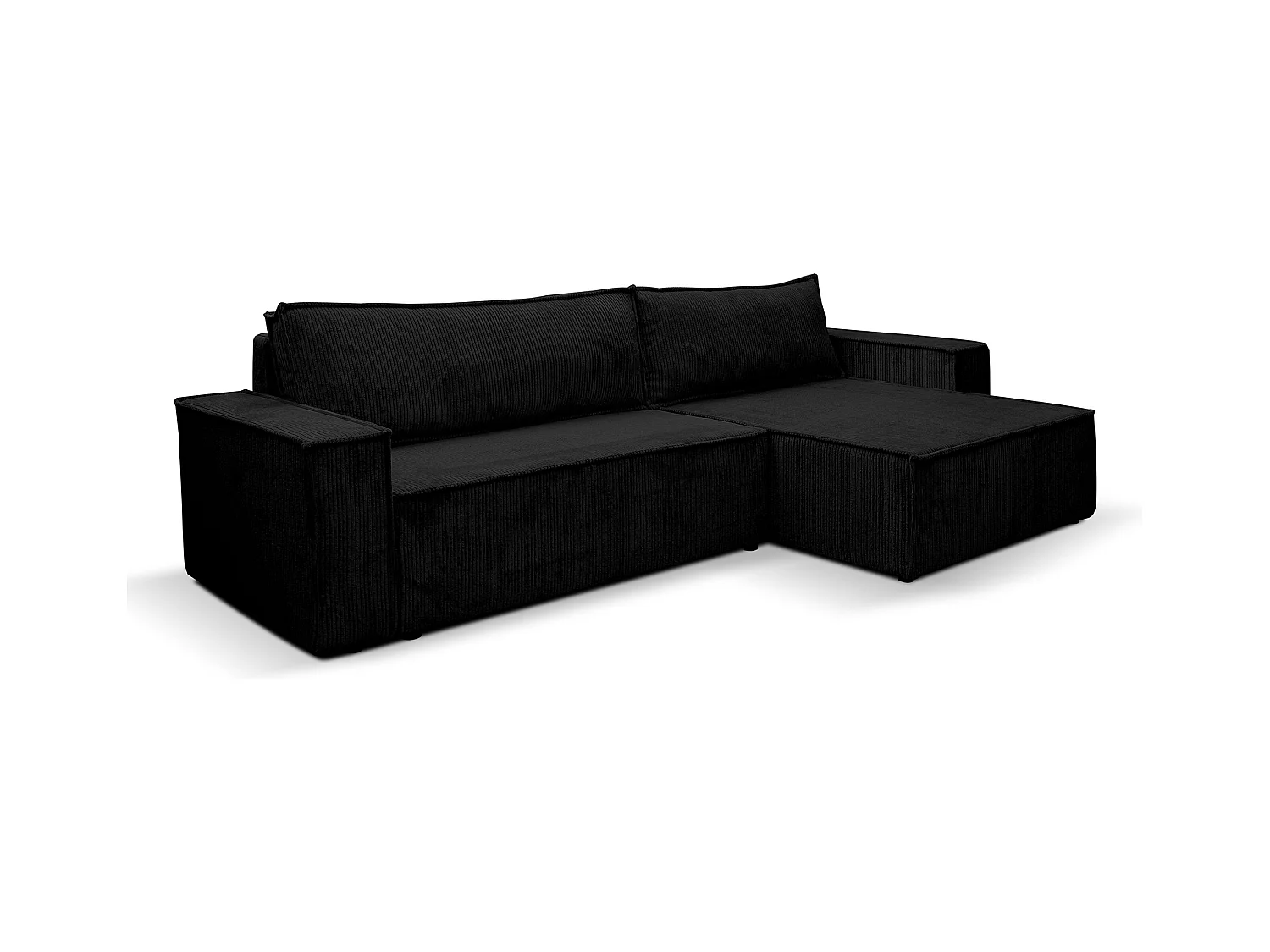 Canapé d'angle Hugo XL avec fonction couchage et coffre de rangement, couleur : noir, tissu velours côtelé, ottomane à gauche ou à droite