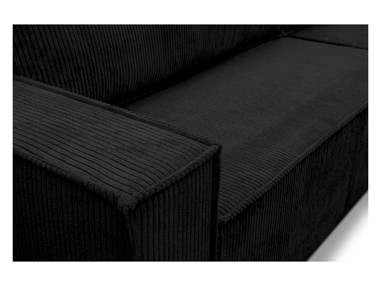 Canapé d'angle Hugo XL avec fonction couchage et coffre de rangement, couleur : noir, tissu velours côtelé, ottomane à gauche ou à droite