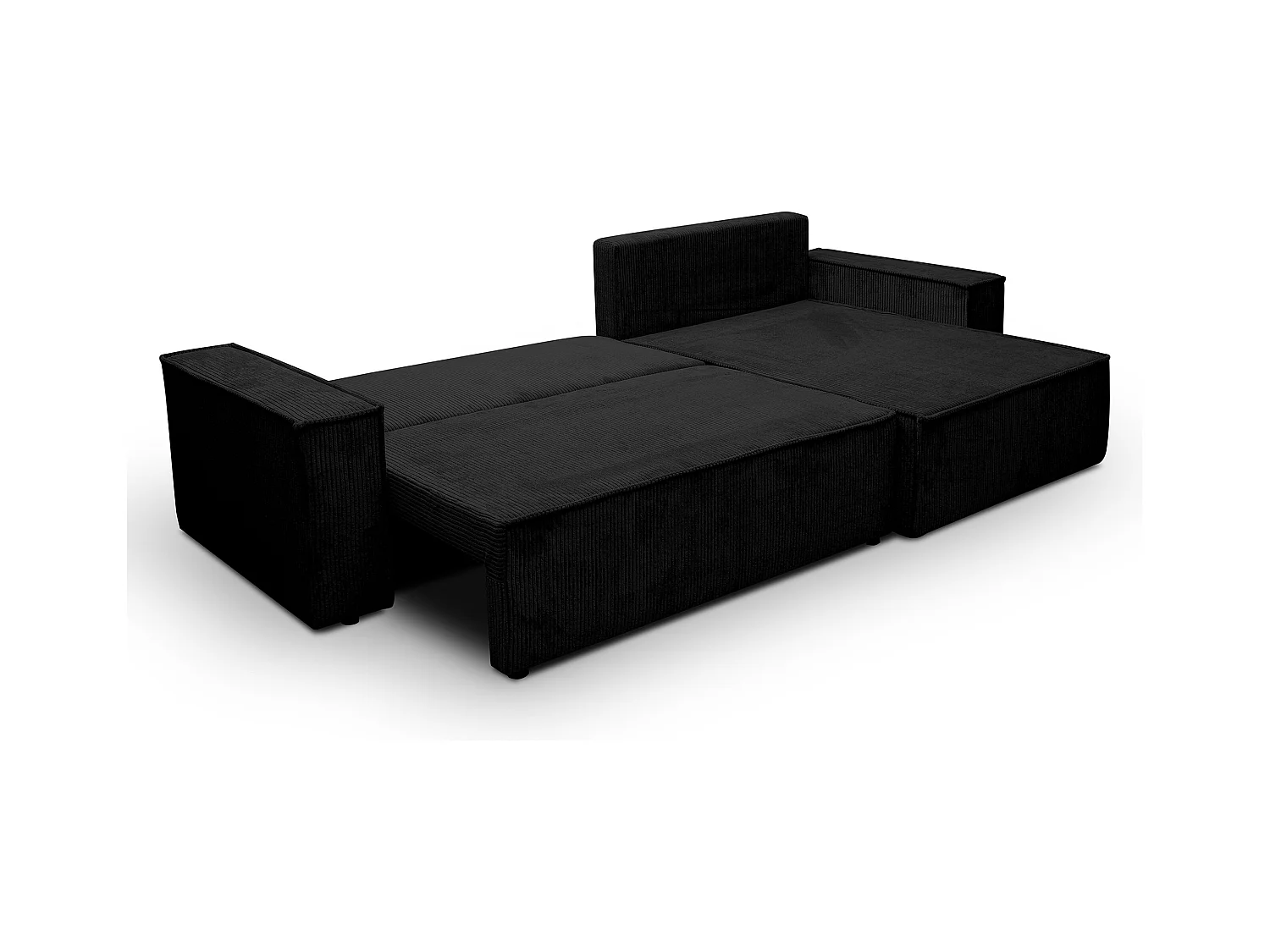 Canapé d'angle Hugo XL avec fonction couchage et coffre de rangement, couleur : noir, tissu velours côtelé, ottomane à gauche ou à droite