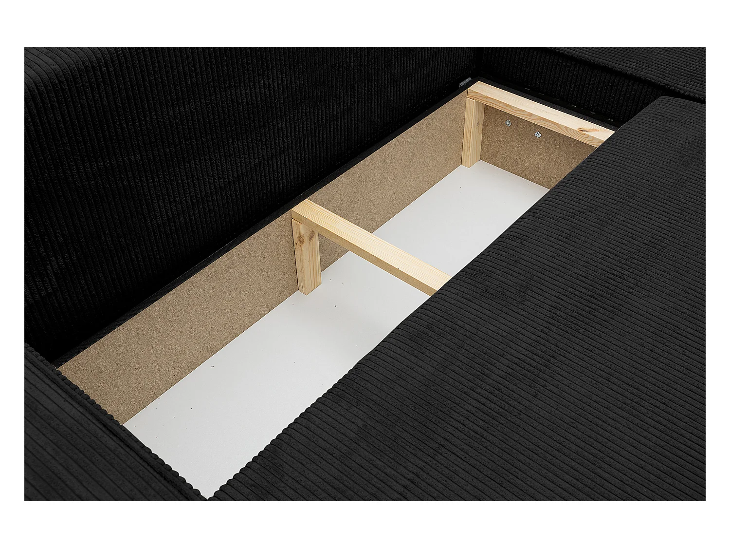 Canapé d'angle Hugo XL avec fonction couchage et coffre de rangement, couleur : noir, tissu velours côtelé, ottomane à gauche ou à droite