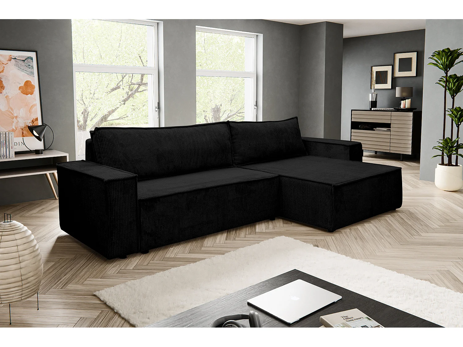 Canapé d'angle Hugo XL avec fonction couchage et coffre de rangement, couleur : noir, tissu velours côtelé, ottomane à gauche ou à droite