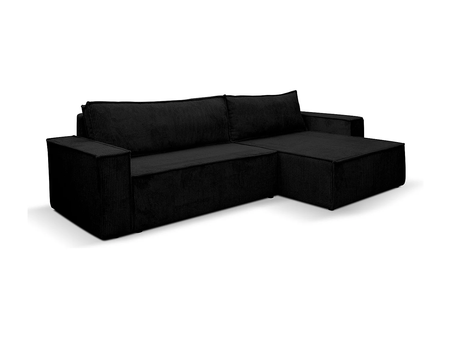 Canapé d'angle Hugo XL avec fonction couchage et coffre de rangement, couleur : noir, tissu velours côtelé, ottomane à gauche ou à droite