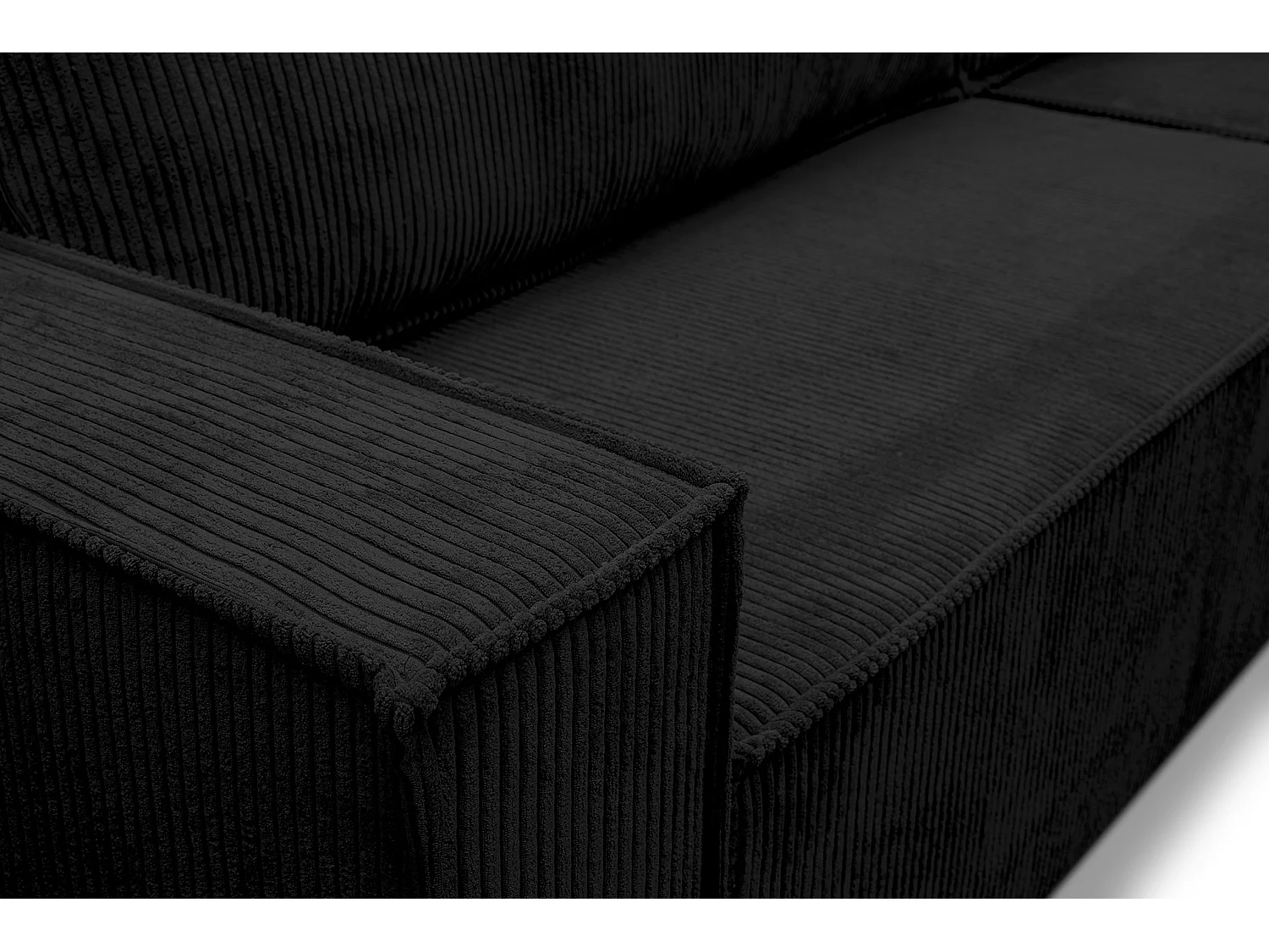 Canapé d'angle Hugo XL avec fonction couchage et coffre de rangement, couleur : noir, tissu velours côtelé, ottomane à gauche ou à droite