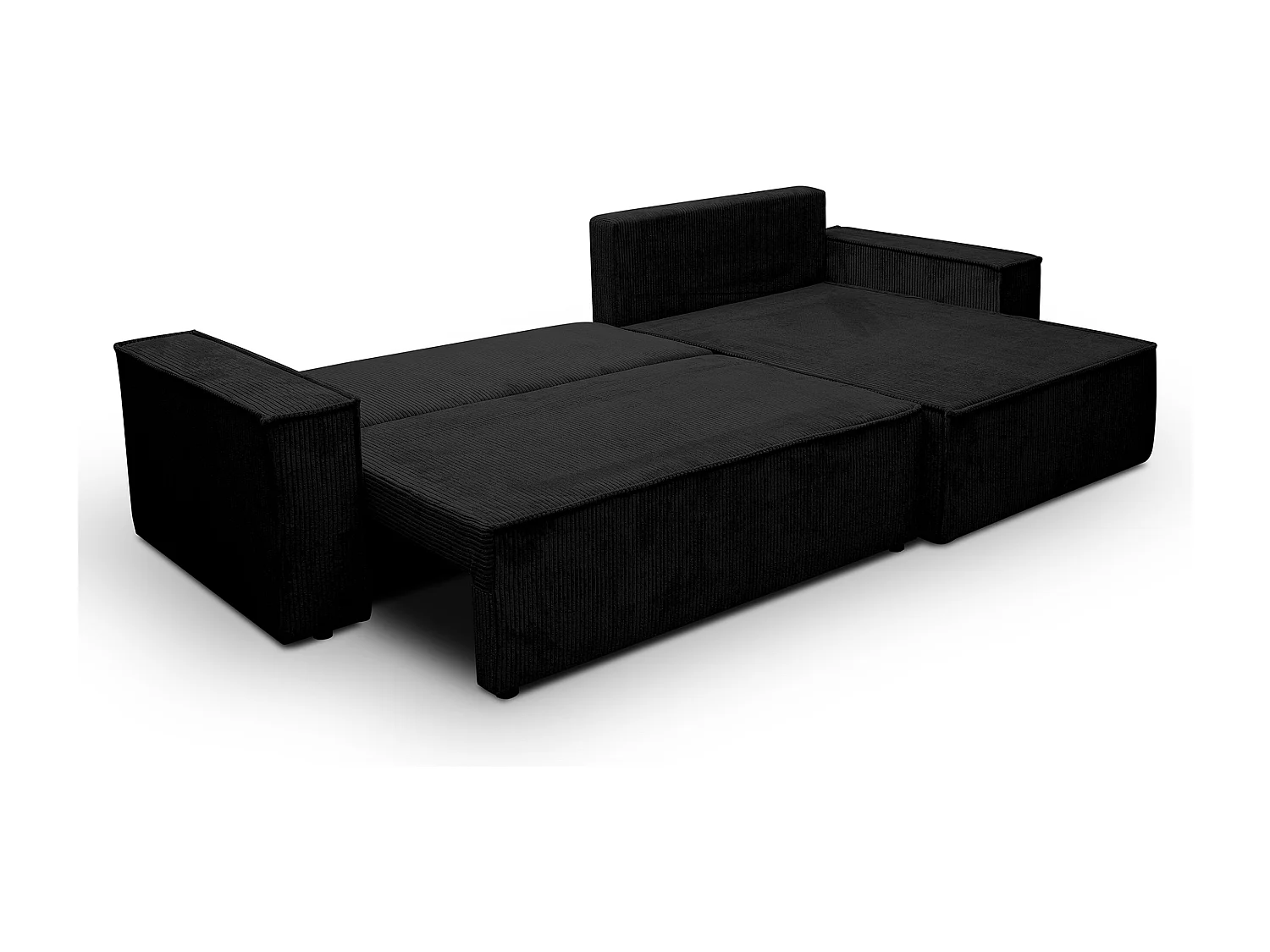 Canapé d'angle Hugo XL avec fonction couchage et coffre de rangement, couleur : noir, tissu velours côtelé, ottomane à gauche ou à droite