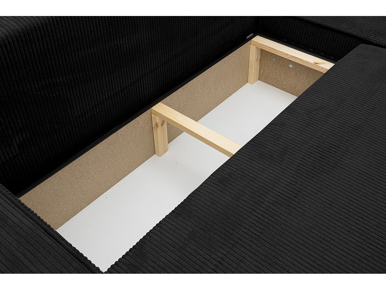 Canapé d'angle Hugo XL avec fonction couchage et coffre de rangement, couleur : noir, tissu velours côtelé, ottomane à gauche ou à droite