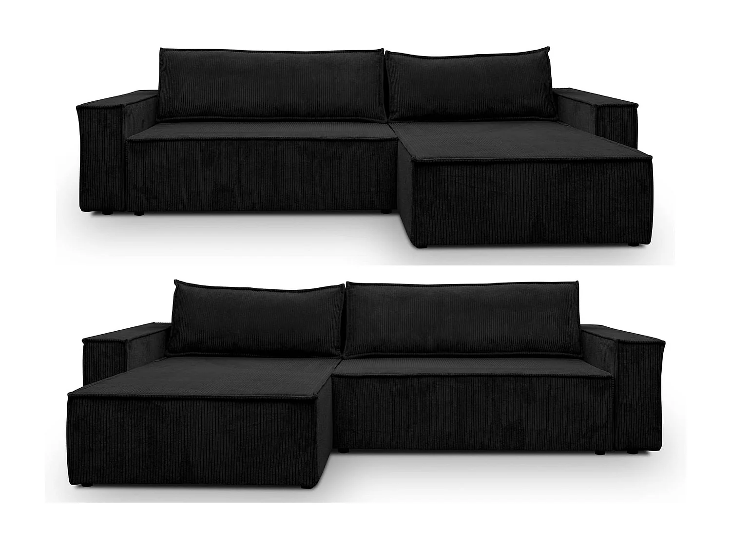 Canapé d'angle Hugo XL avec fonction couchage et coffre de rangement, couleur : noir, tissu velours côtelé, ottomane à gauche ou à droite