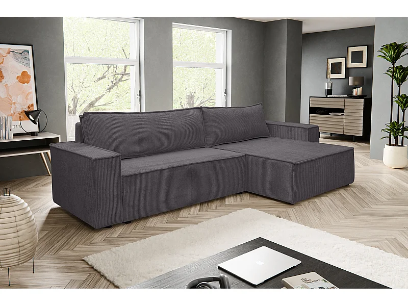 Hoekbank Hugo XL, hoekbank in L-vorm met slaapfunctie en bedbak, kleur: donkergrijs, corduroy, ottomane links of rechts