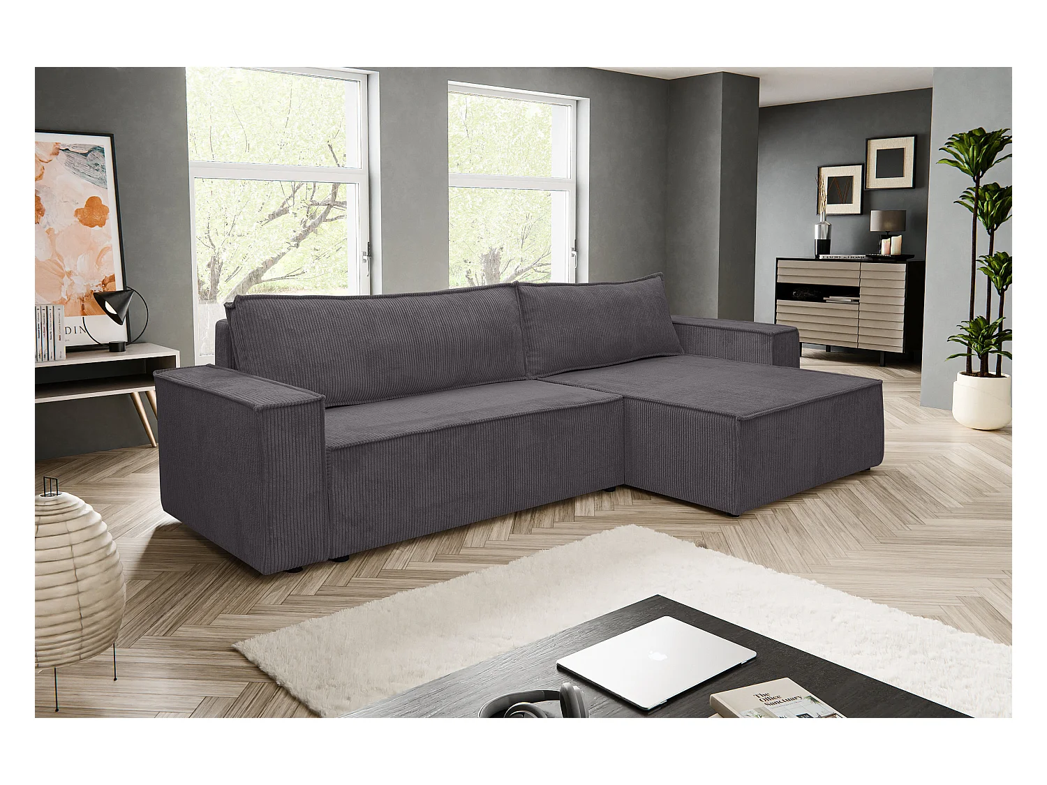 Canapé d'angle Hugo XL avec fonction couchage et coffre de rangement, couleur : gris foncé, tissu velours, pouf à gauche ou à droite