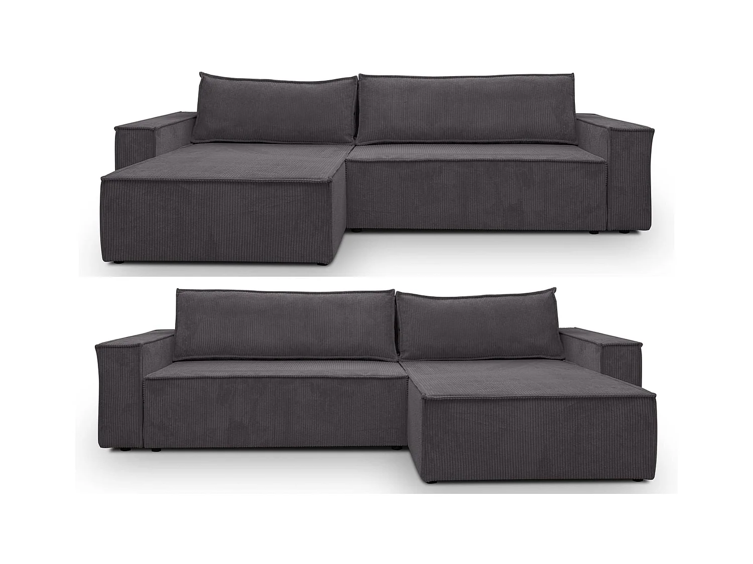 Canapé d'angle Hugo XL avec fonction couchage et coffre de rangement, couleur : gris foncé, tissu velours, pouf à gauche ou à droite