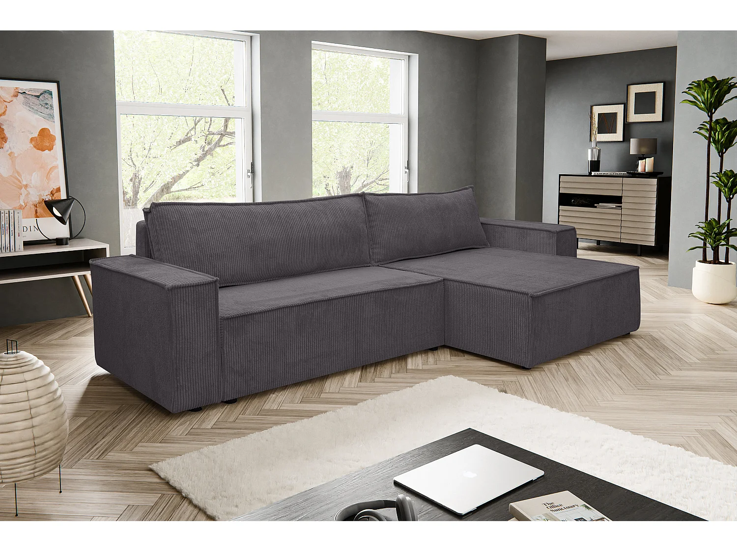 Canapé d'angle Hugo XL avec fonction couchage et coffre de rangement, couleur : gris foncé, tissu velours, pouf à gauche ou à droite