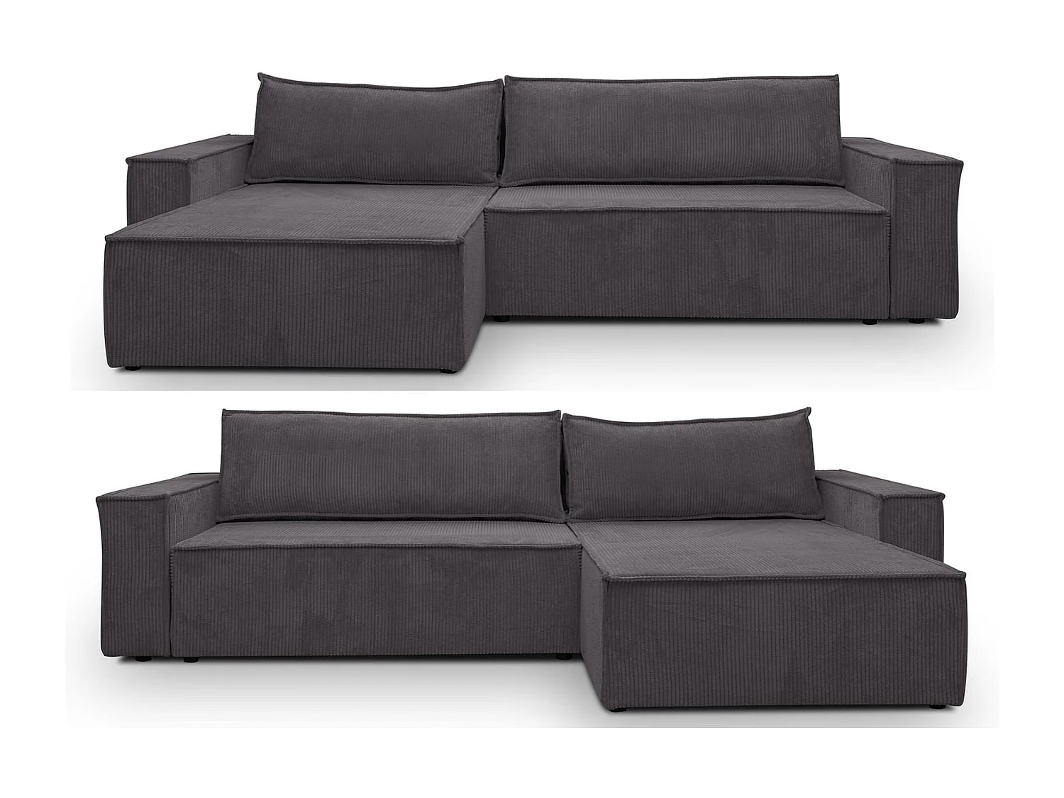 Canapé d'angle Hugo XL avec fonction couchage et coffre de rangement, couleur : gris foncé, tissu velours, pouf à gauche ou à droite