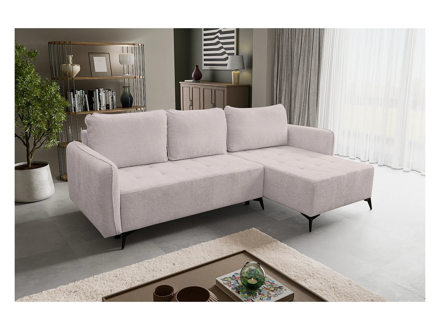 Canapé d'angle Lucky avec fonction couchage et coffre de rangement, couleur : beige, tissu structuré, pouf à gauche ou à droite