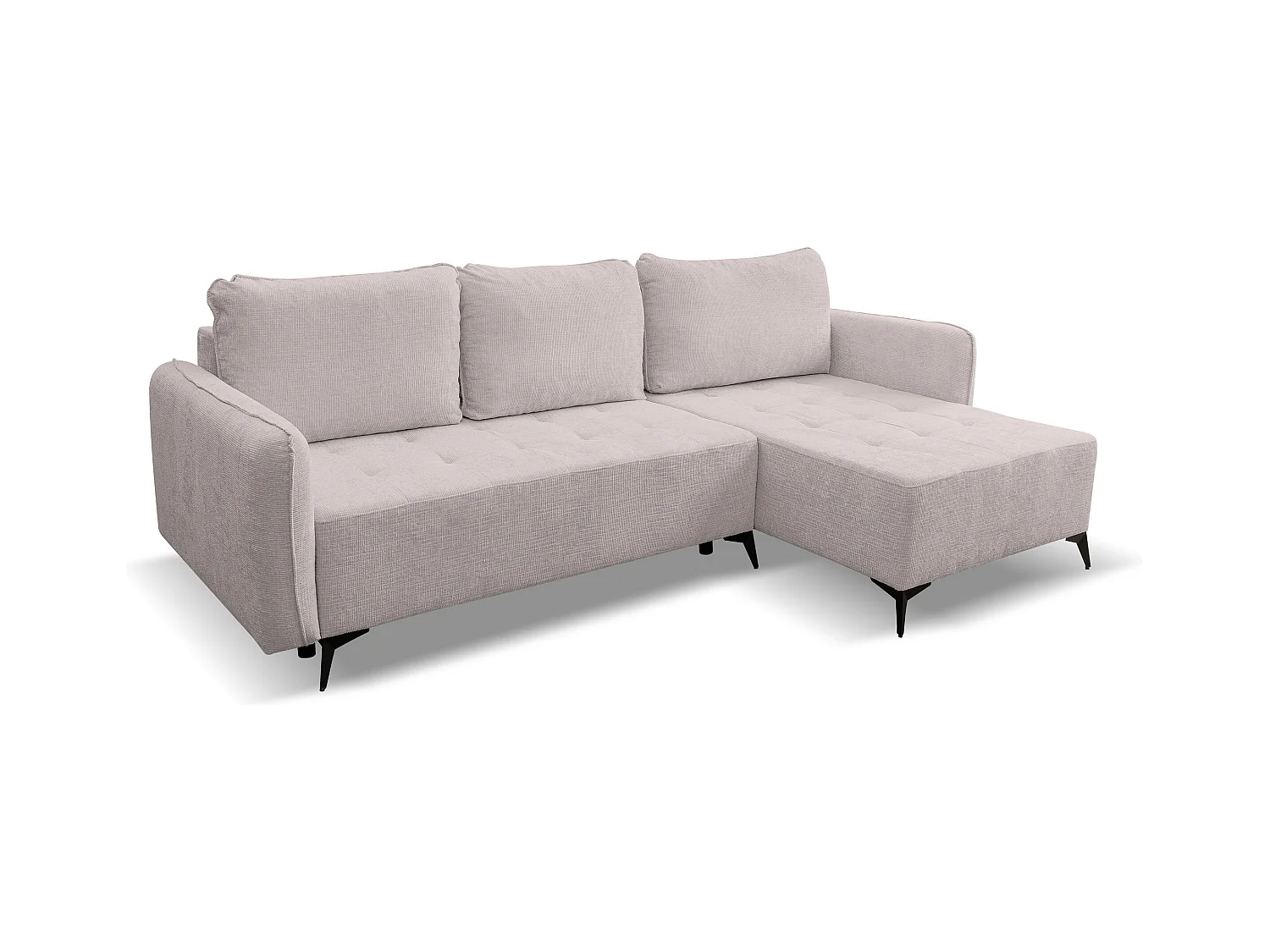 Canapé d'angle Lucky avec fonction couchage et coffre de rangement, couleur : beige, tissu structuré, pouf à gauche ou à droite