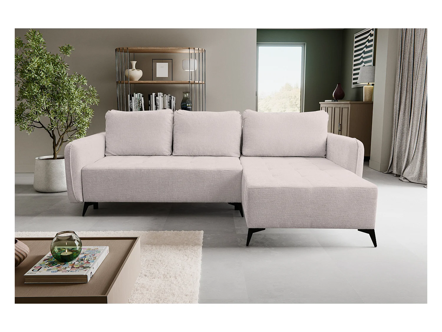 Canapé d'angle Lucky avec fonction couchage et coffre de rangement, couleur : beige, tissu structuré, pouf à gauche ou à droite