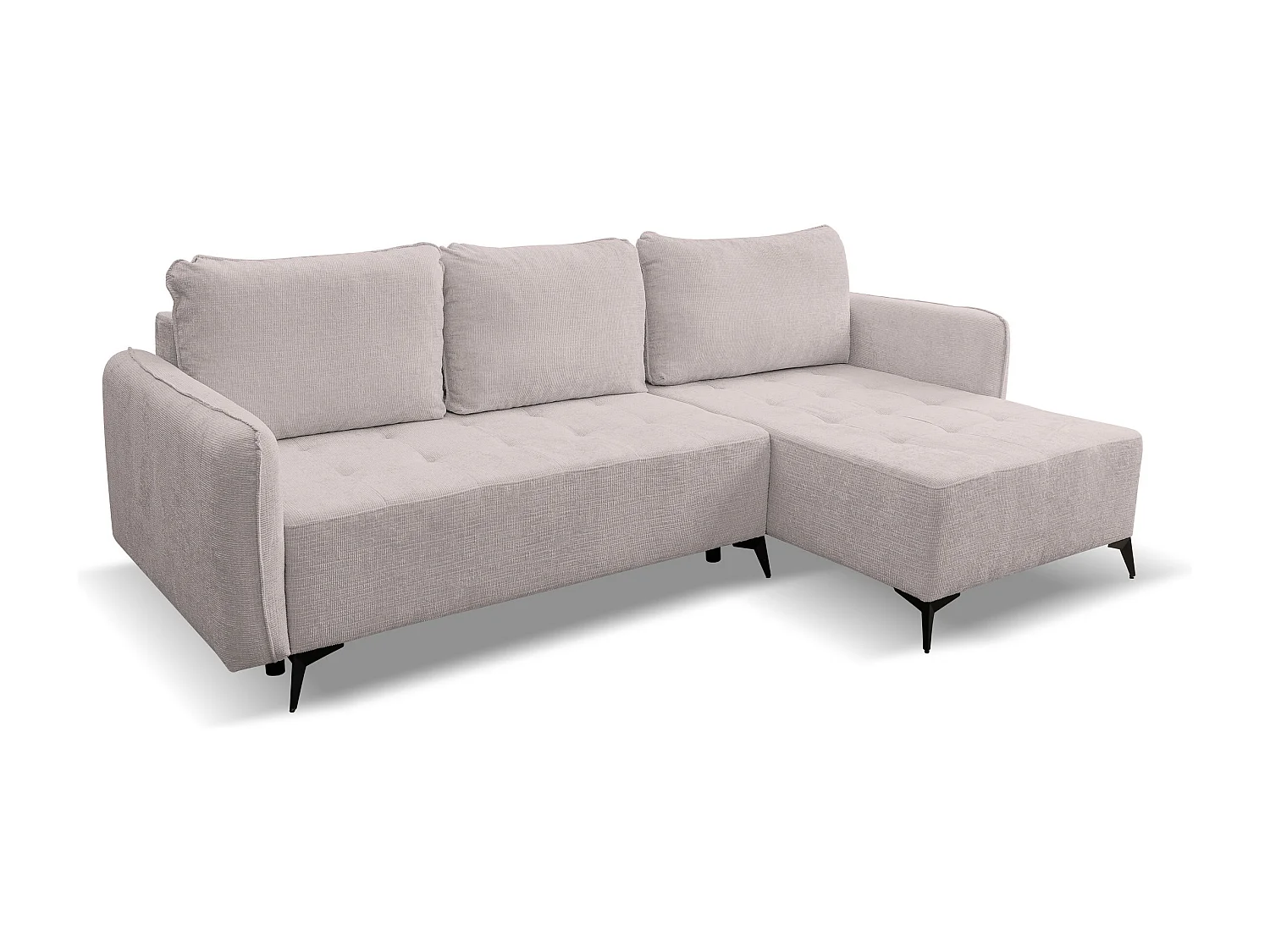 Canapé d'angle Lucky avec fonction couchage et coffre de rangement, couleur : beige, tissu structuré, pouf à gauche ou à droite