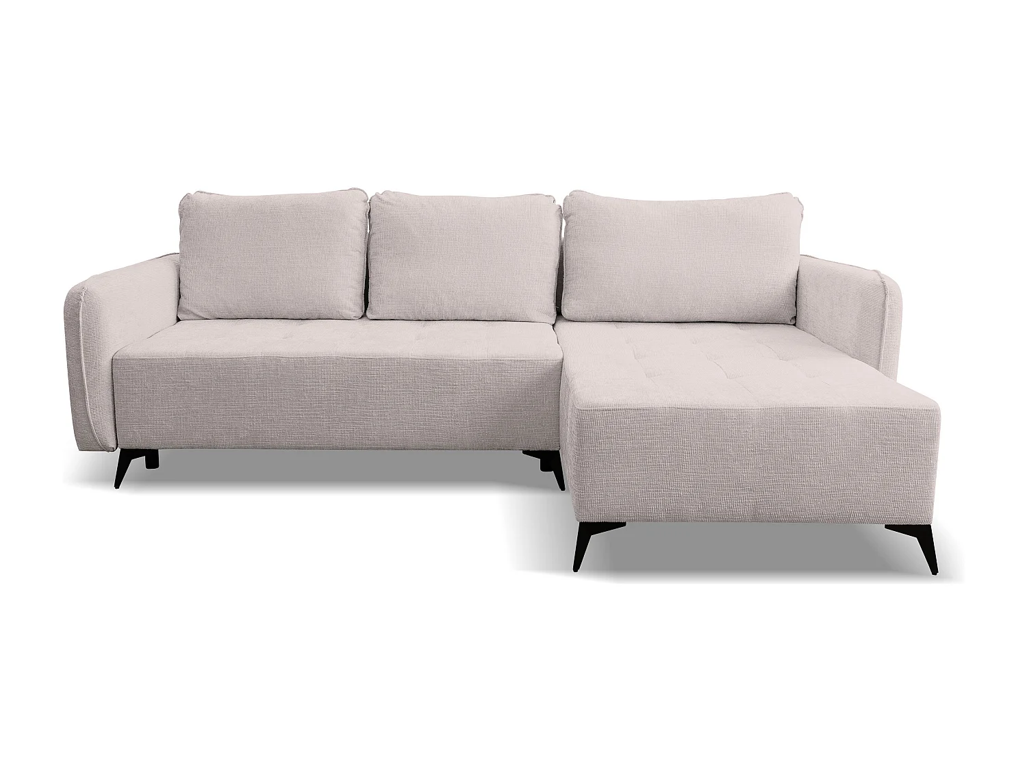 Canapé d'angle Lucky avec fonction couchage et coffre de rangement, couleur : beige, tissu structuré, pouf à gauche ou à droite