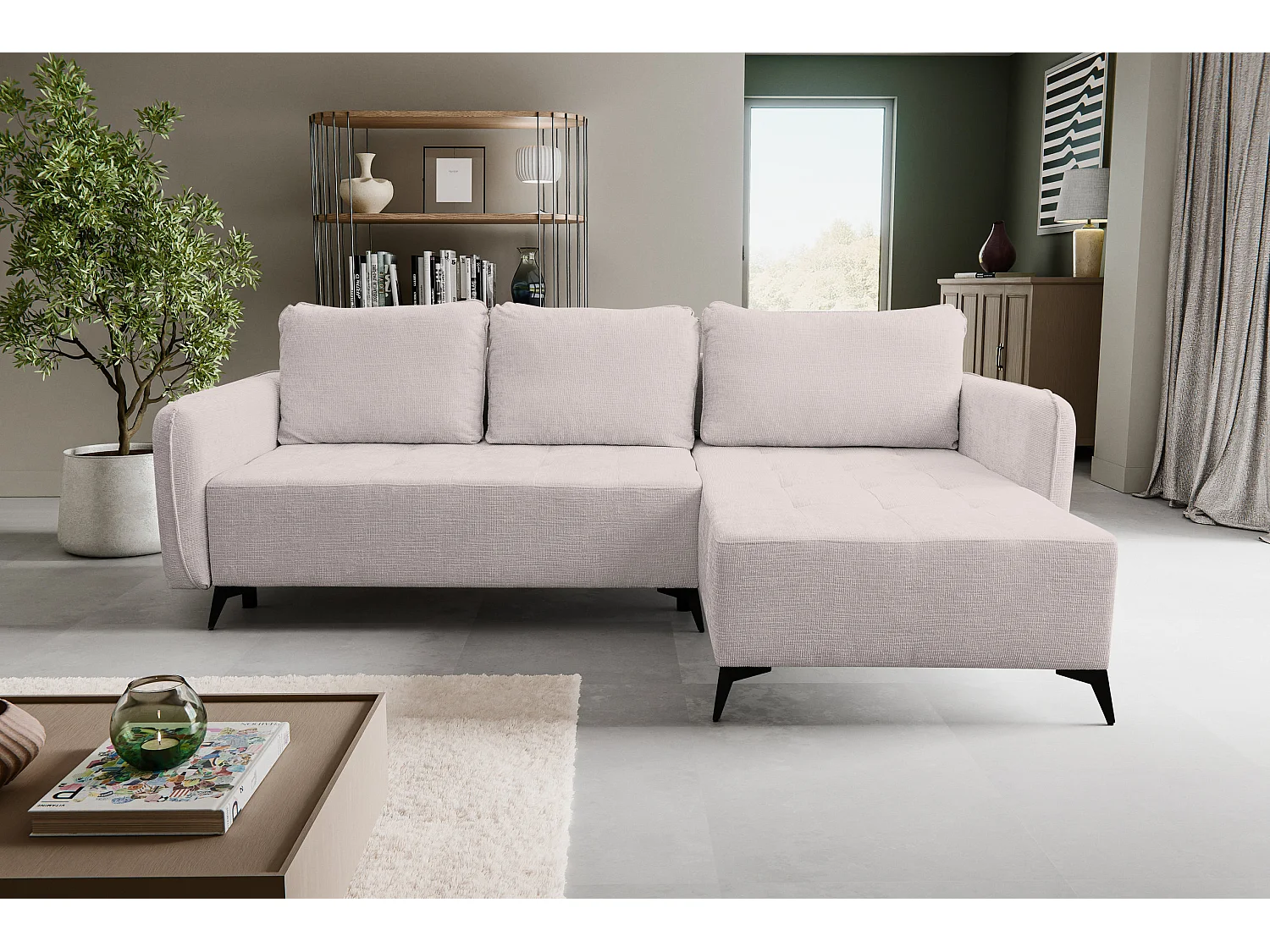 Canapé d'angle Lucky avec fonction couchage et coffre de rangement, couleur : beige, tissu structuré, pouf à gauche ou à droite