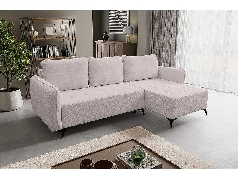 Ecksofa Lucky, Eckcouch in L-Form mit Schlaffunktion und Bettkasten, Farbe: Beige, Strukturstoff, Ottomane Links oder Rechts