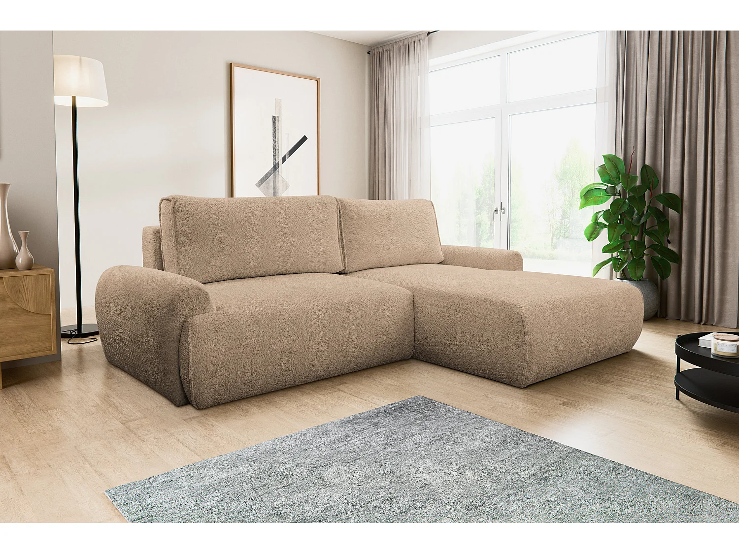 Canapé d'angle Moon avec fonction de couchage et coffre de rangement, couleur : marron, tissu bouclé, ottomane à droite