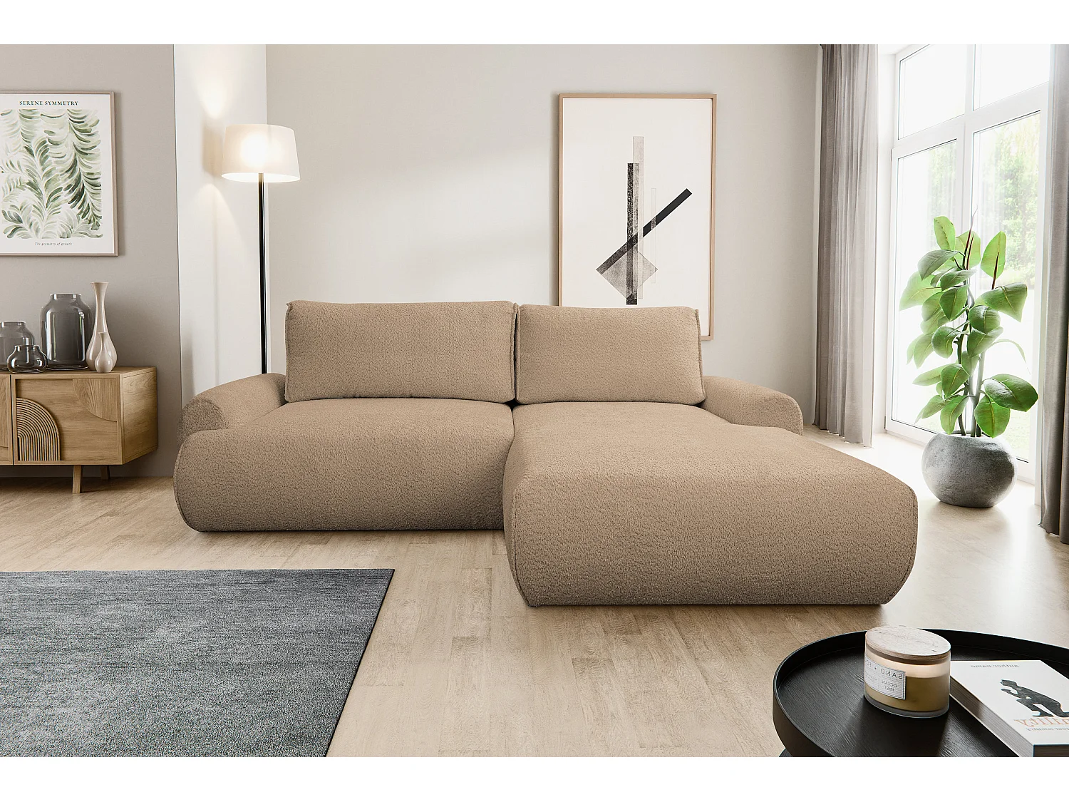 Canapé d'angle Moon avec fonction de couchage et coffre de rangement, couleur : marron, tissu bouclé, ottomane à droite