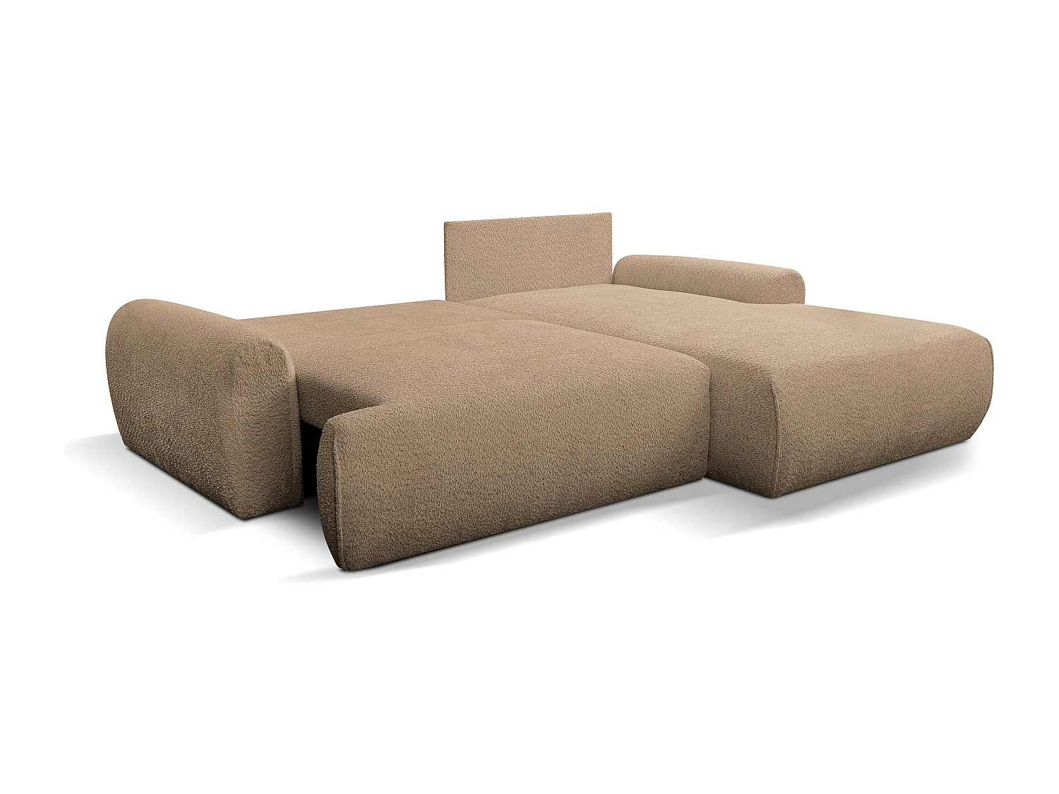 Canapé d'angle Moon avec fonction de couchage et coffre de rangement, couleur : marron, tissu bouclé, ottomane à droite