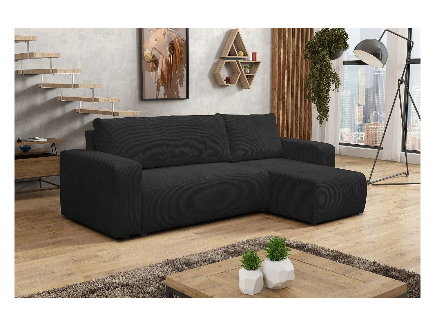 Canapé d'angle Luna L avec fonction couchage et coffre de rangement, couleur : noir, tissu cordé, pouf universel