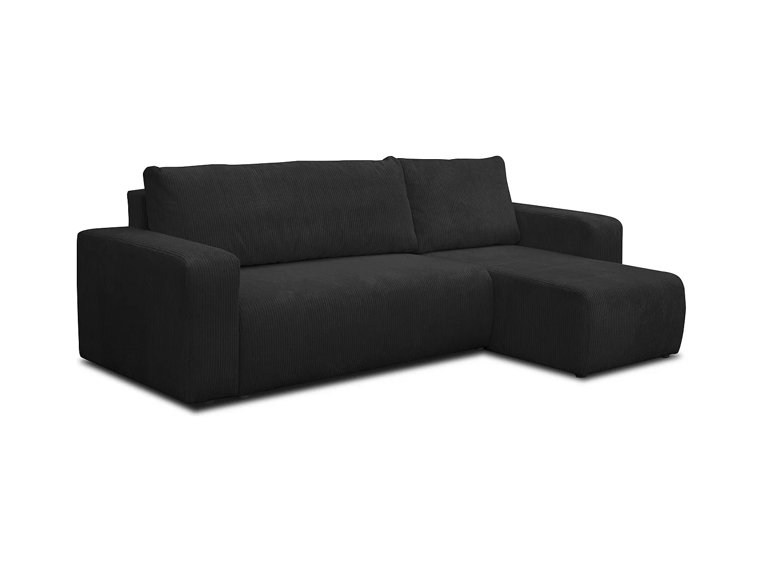 Canapé d'angle Luna L avec fonction couchage et coffre de rangement, couleur : noir, tissu cordé, pouf universel