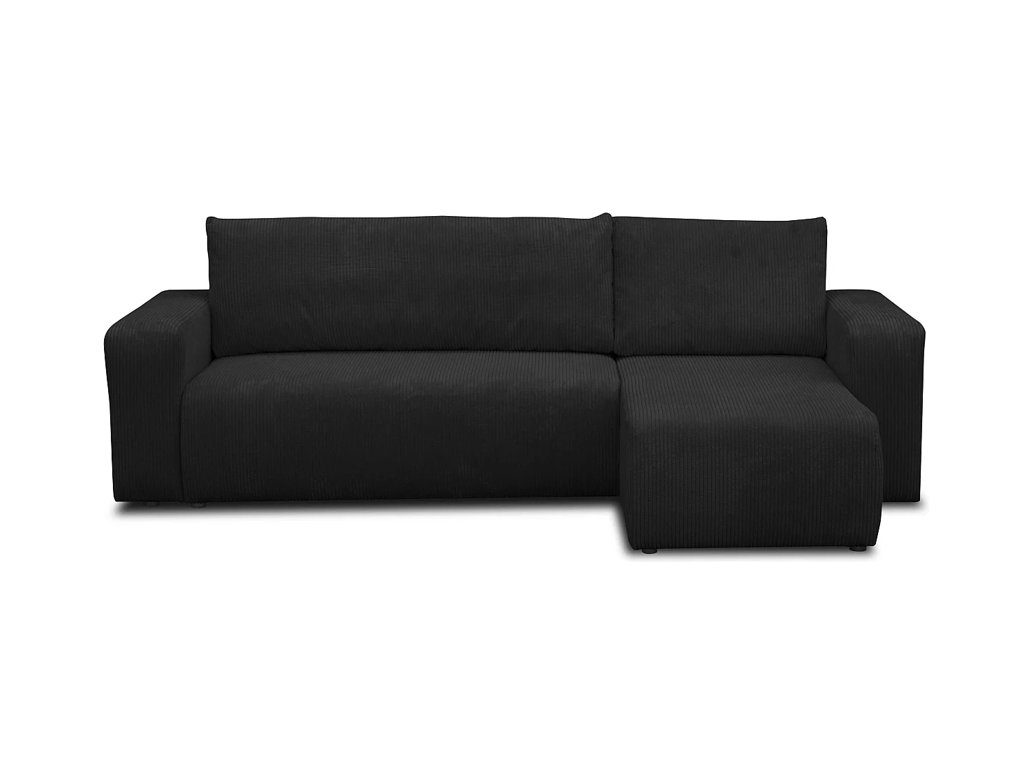 Canapé d'angle Luna L avec fonction couchage et coffre de rangement, couleur : noir, tissu cordé, pouf universel