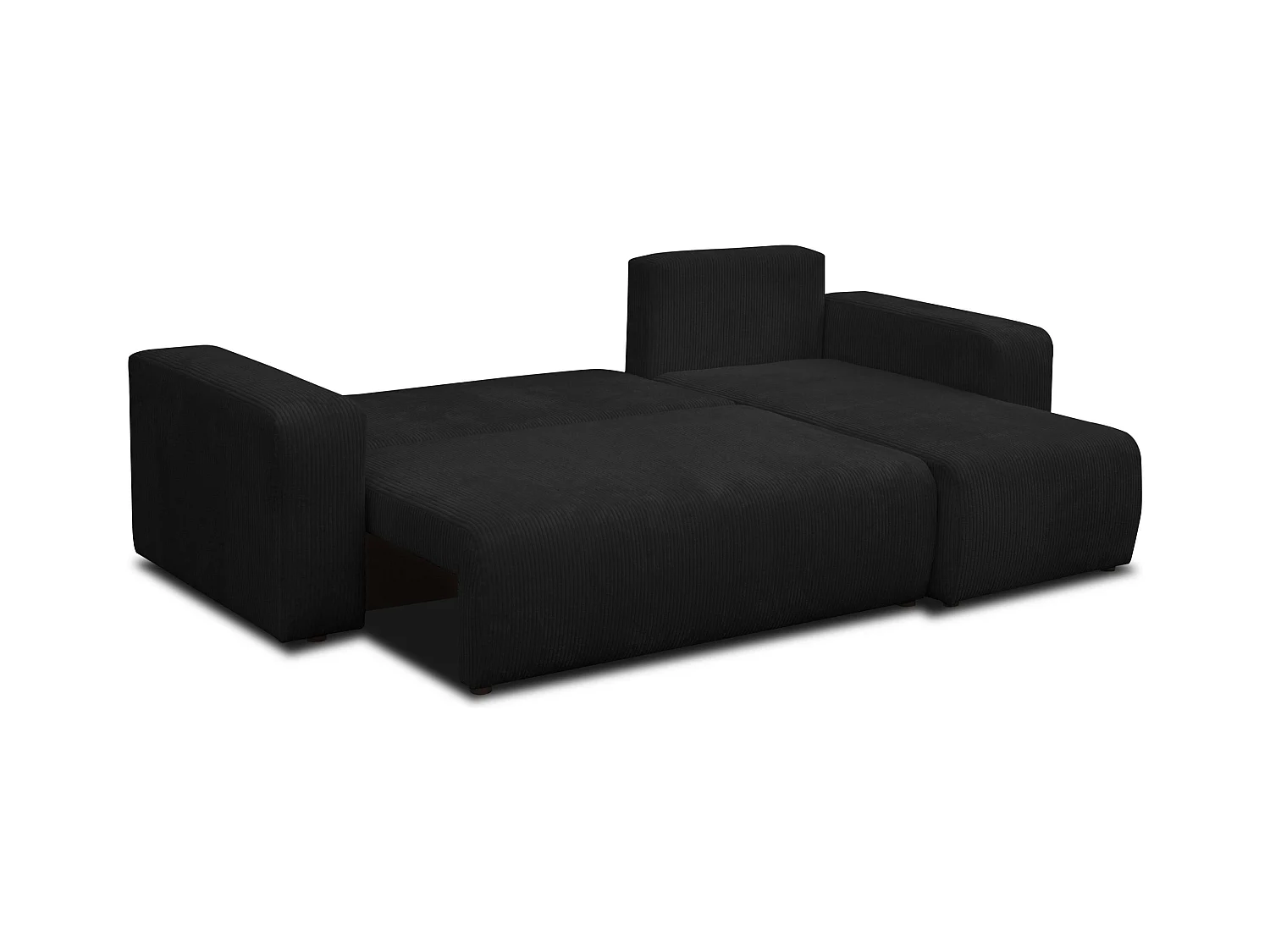 Canapé d'angle Luna L avec fonction couchage et coffre de rangement, couleur : noir, tissu cordé, pouf universel