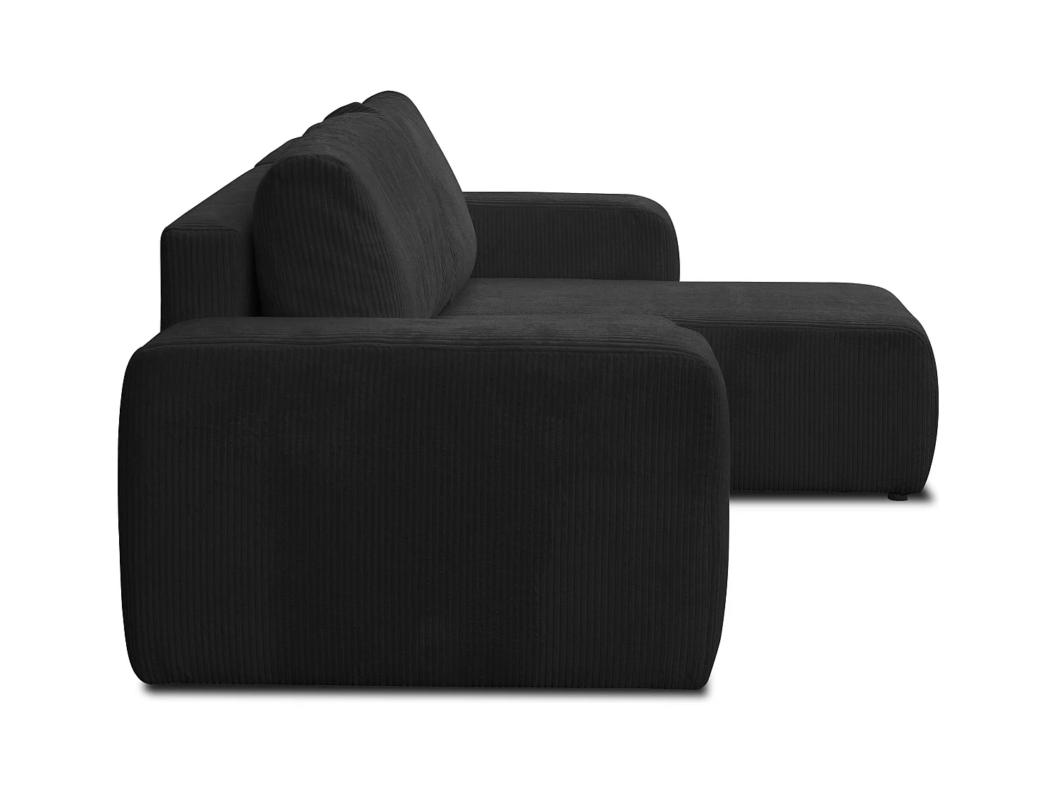 Canapé d'angle Luna L avec fonction couchage et coffre de rangement, couleur : noir, tissu cordé, pouf universel