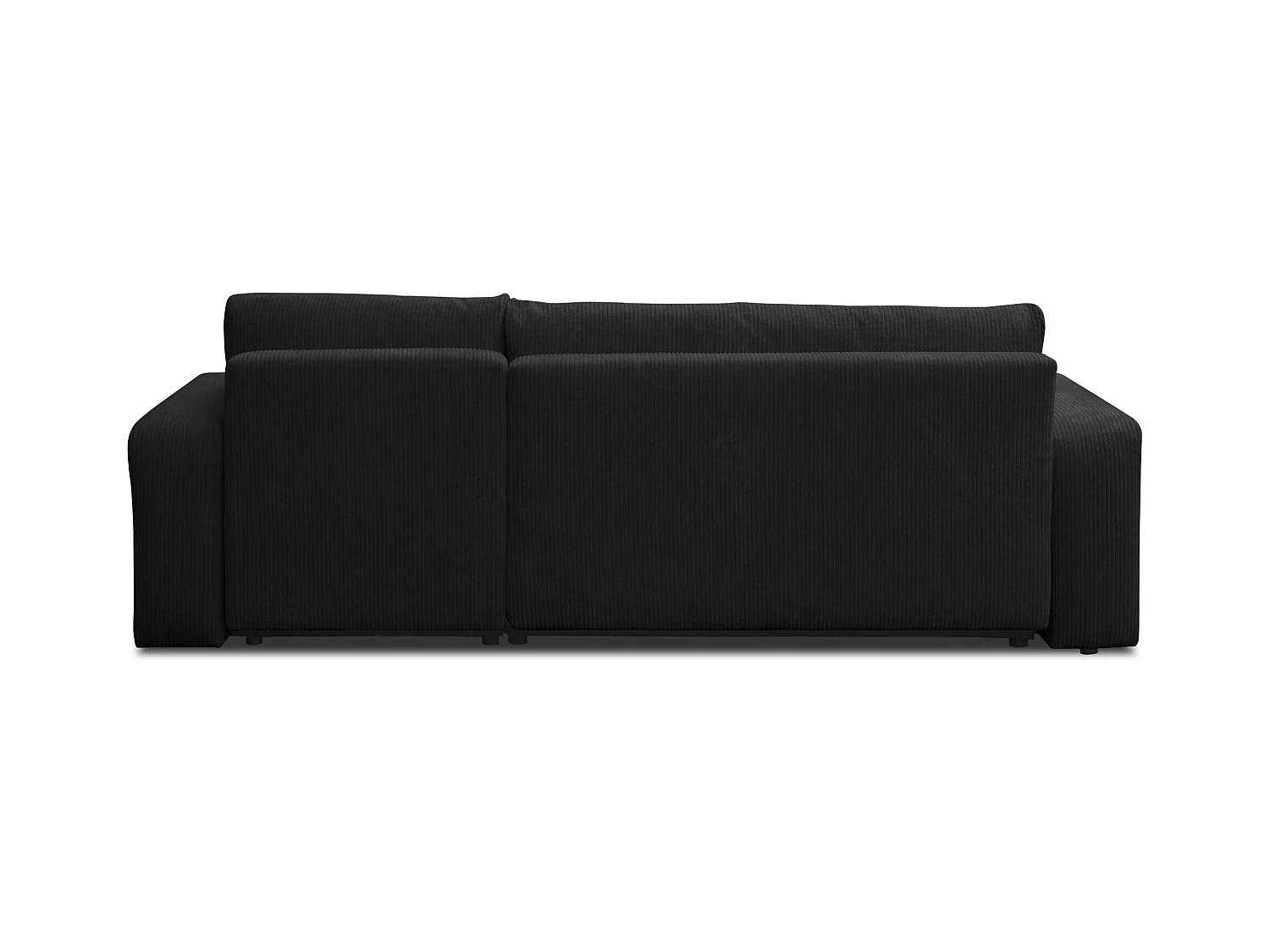 Canapé d'angle Luna L avec fonction couchage et coffre de rangement, couleur : noir, tissu cordé, pouf universel