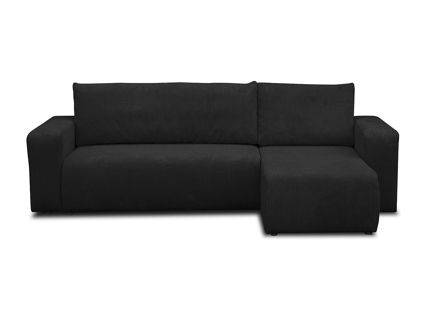 Canapé d'angle Luna L avec fonction couchage et coffre de rangement, couleur : noir, tissu cordé, pouf universel