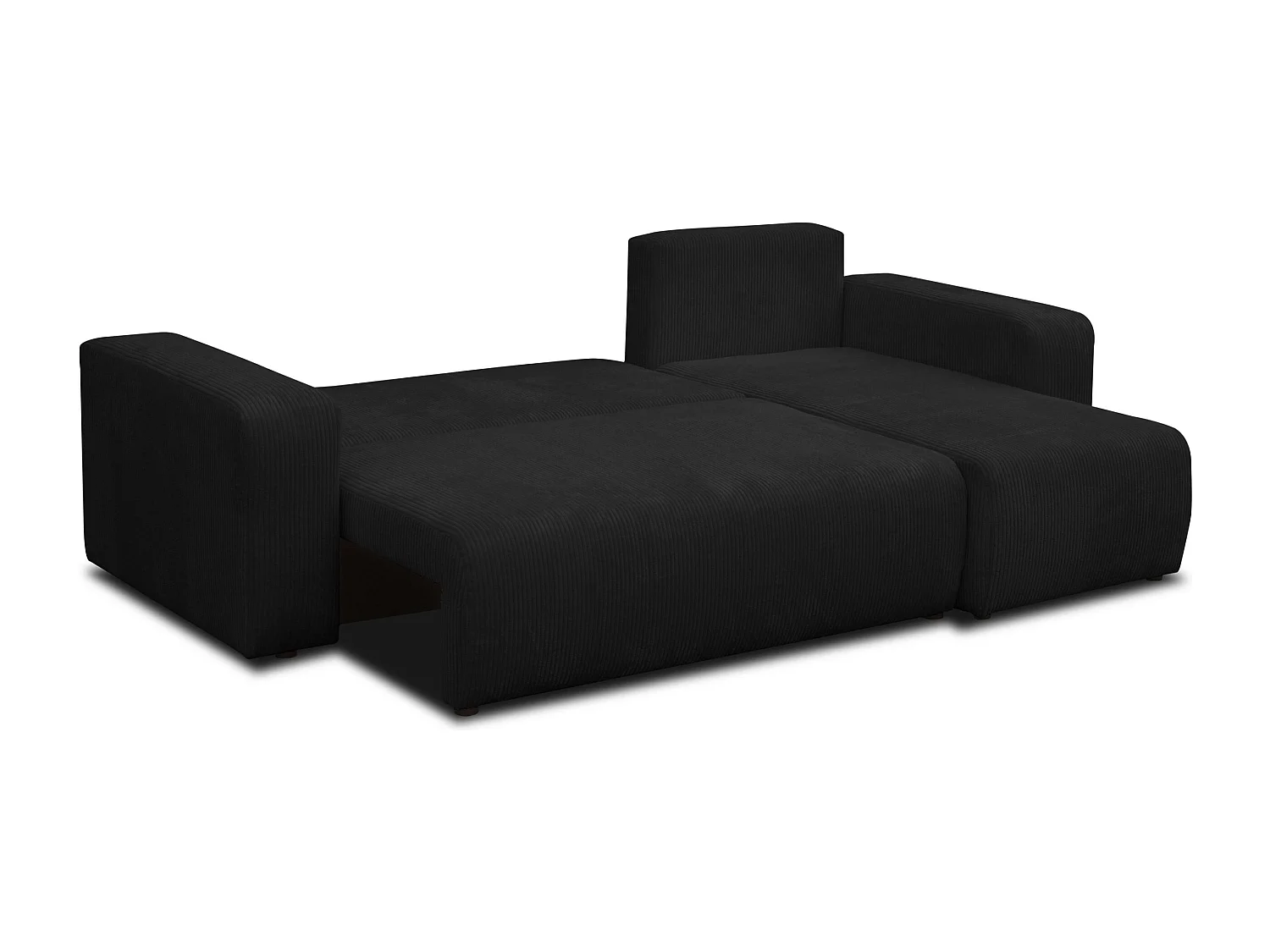 Canapé d'angle Luna L avec fonction couchage et coffre de rangement, couleur : noir, tissu cordé, pouf universel