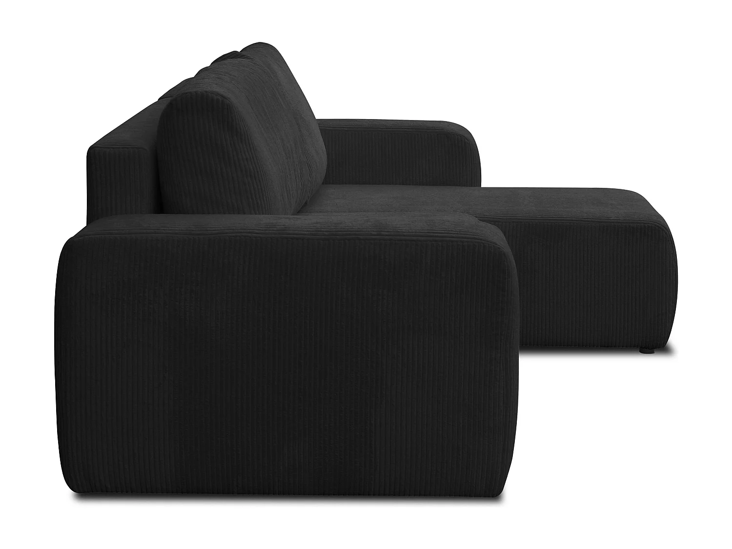 Canapé d'angle Luna L avec fonction couchage et coffre de rangement, couleur : noir, tissu cordé, pouf universel