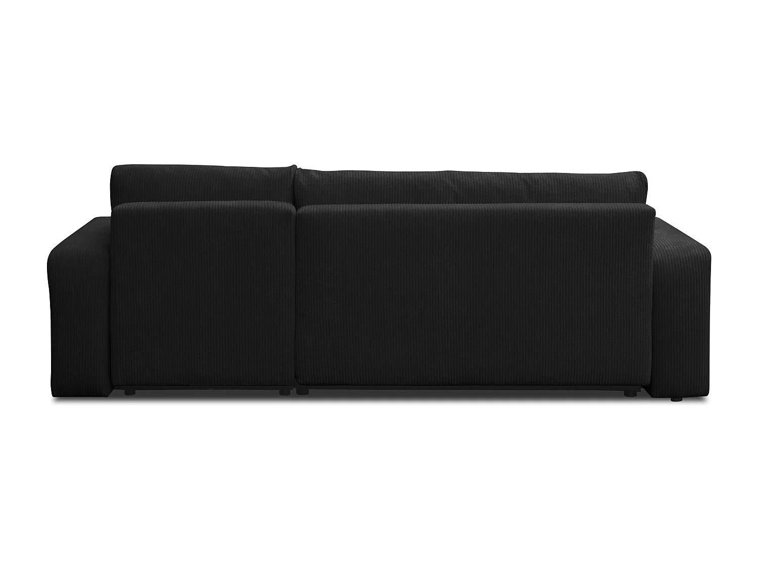 Canapé d'angle Luna L avec fonction couchage et coffre de rangement, couleur : noir, tissu cordé, pouf universel
