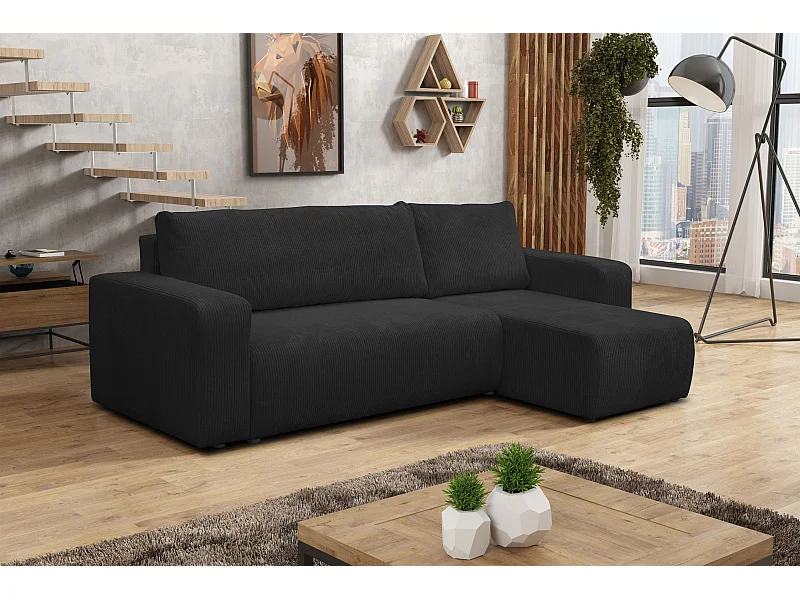 Canapé d'angle Luna L avec fonction couchage et coffre de rangement, couleur : noir, tissu cordé, pouf universel