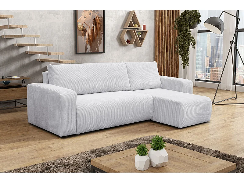Canapé d'angle Luna L avec fonction couchage et coffre de rangement, couleur : gris clair, tissu cordé, pouf universel