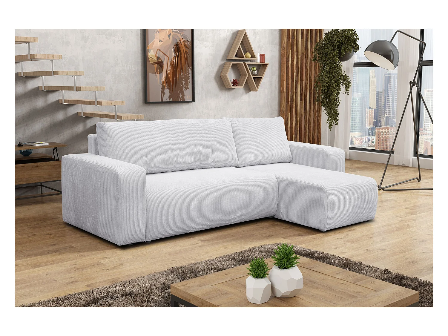 Canapé d'angle Luna L avec fonction couchage et coffre de rangement, couleur : gris clair, tissu cordé, pouf universel