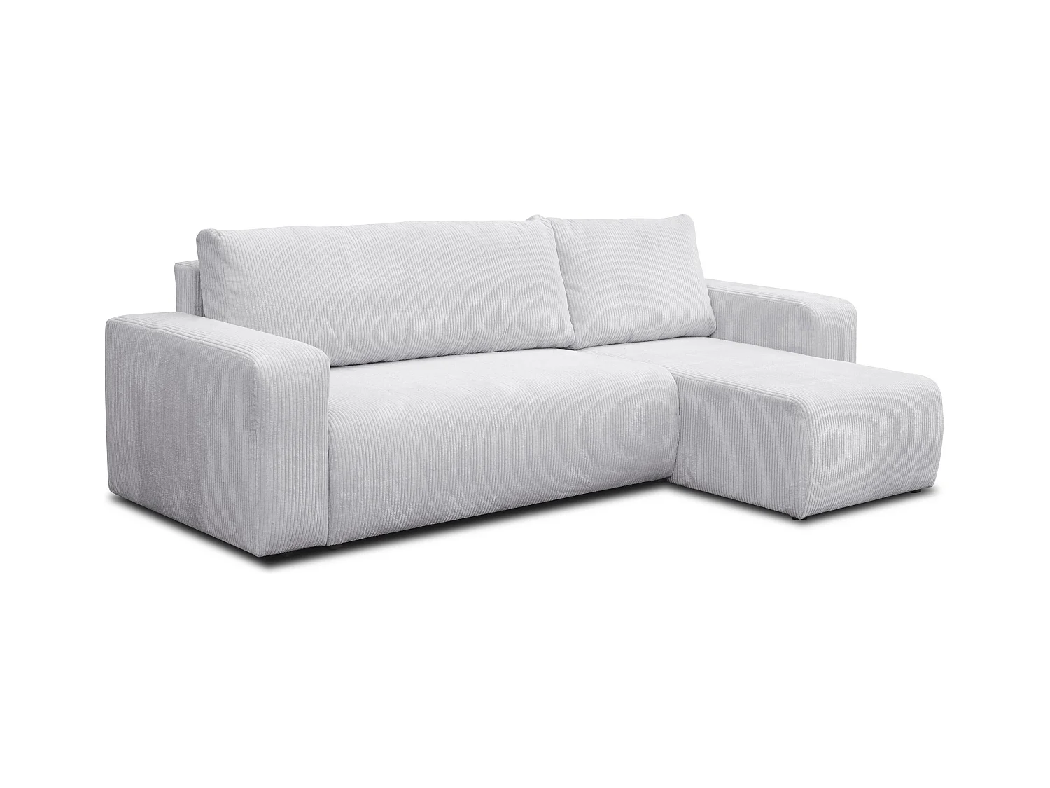 Canapé d'angle Luna L avec fonction couchage et coffre de rangement, couleur : gris clair, tissu cordé, pouf universel