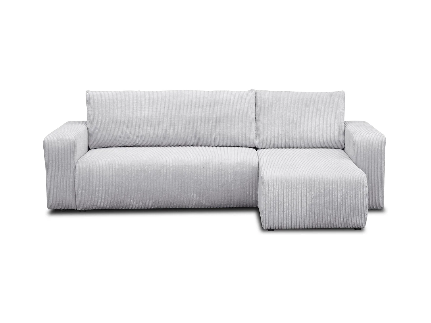 Canapé d'angle Luna L avec fonction couchage et coffre de rangement, couleur : gris clair, tissu cordé, pouf universel