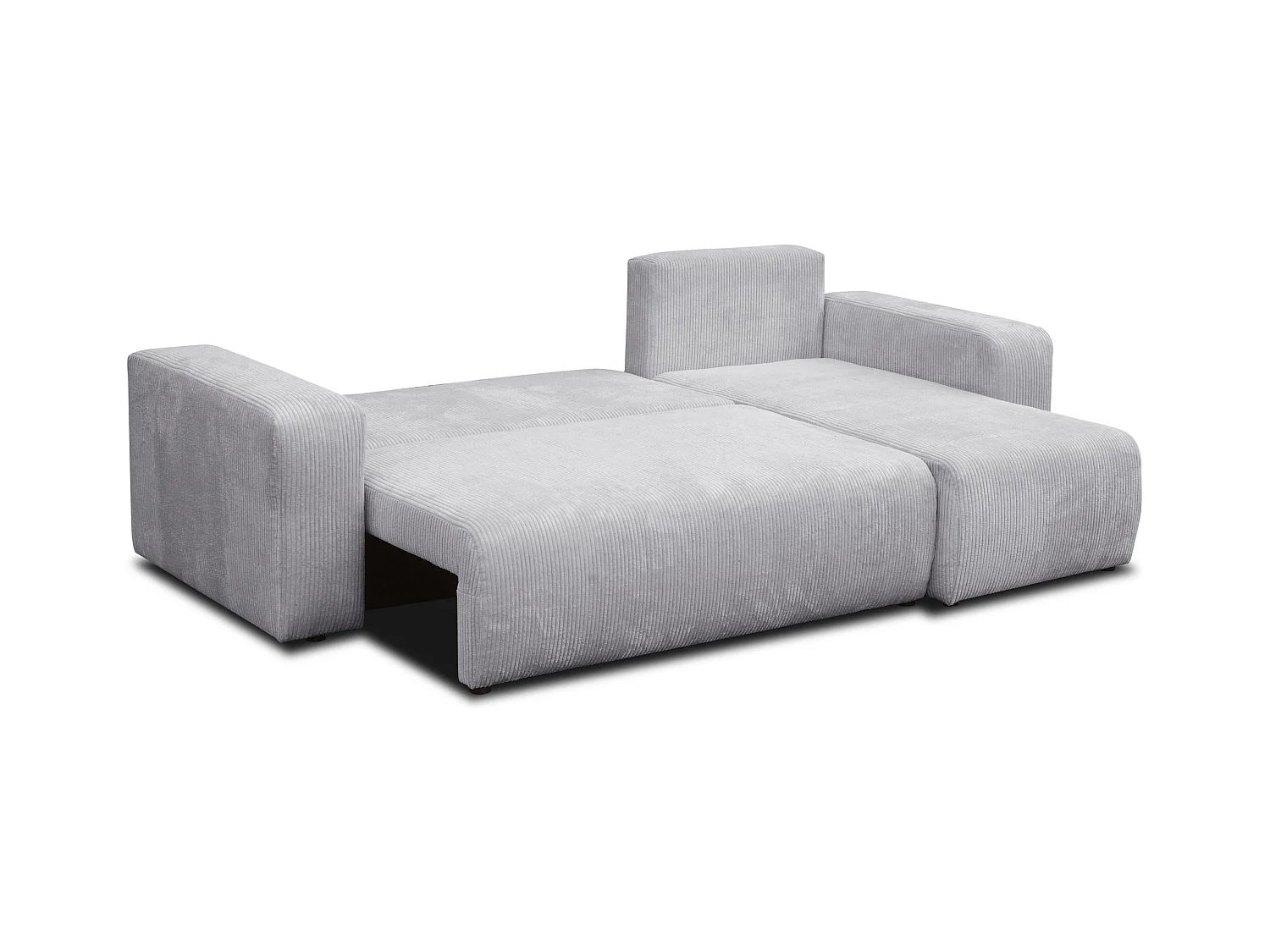 Canapé d'angle Luna L avec fonction couchage et coffre de rangement, couleur : gris clair, tissu cordé, pouf universel