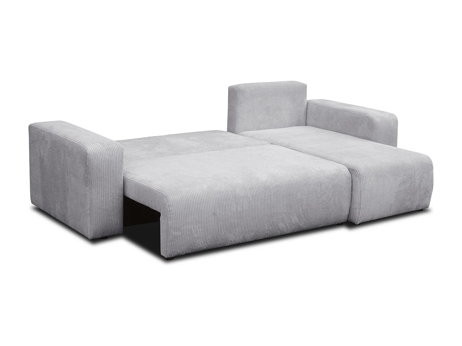 Canapé d'angle Luna L avec fonction couchage et coffre de rangement, couleur : gris clair, tissu cordé, pouf universel