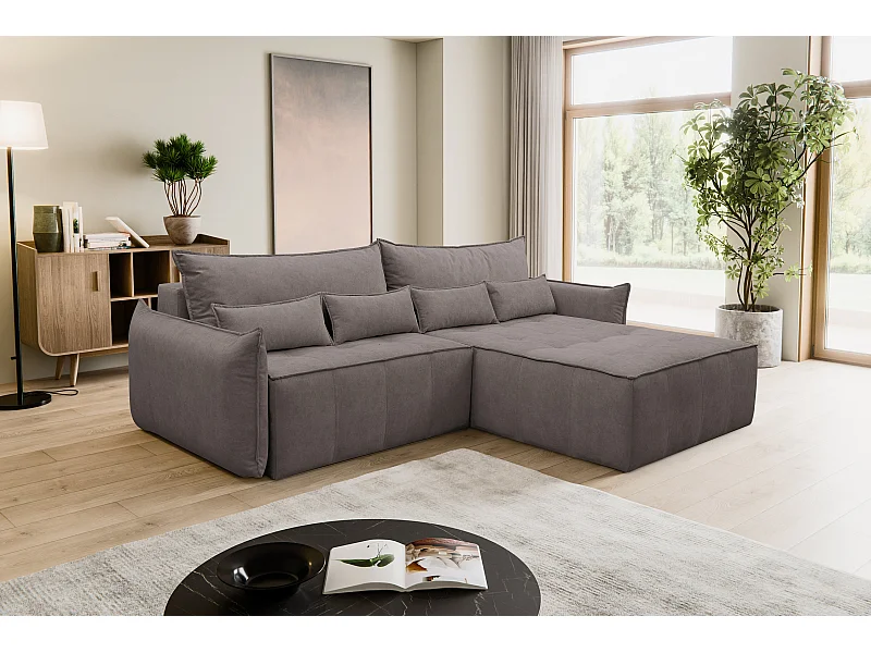 Canapé d'angle Empoli avec fonction couchage et coffre de rangement, couleur : marron, tissu velours, pouf à droite