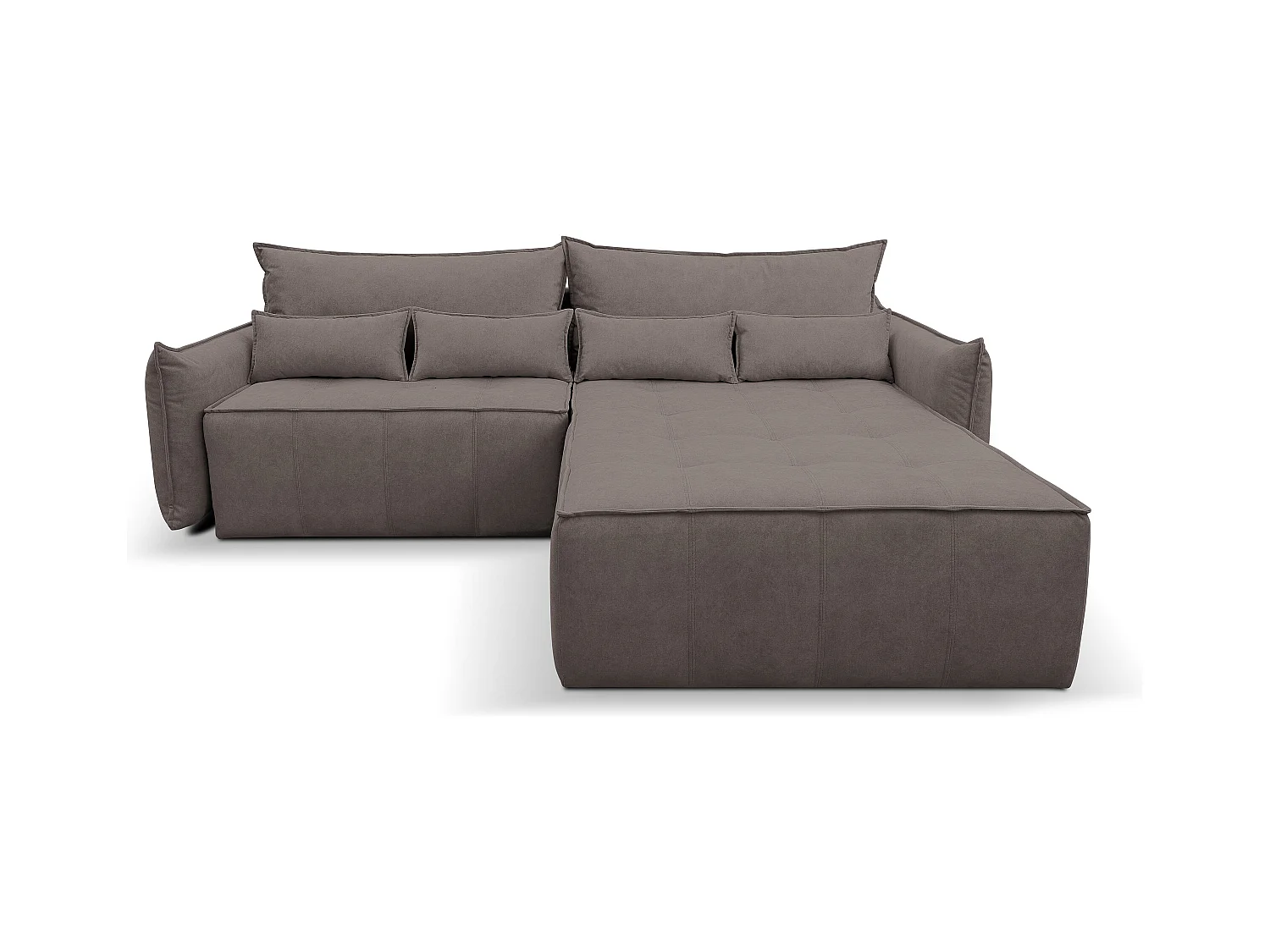 Canapé d'angle Empoli avec fonction couchage et coffre de rangement, couleur : marron, tissu velours, pouf à droite