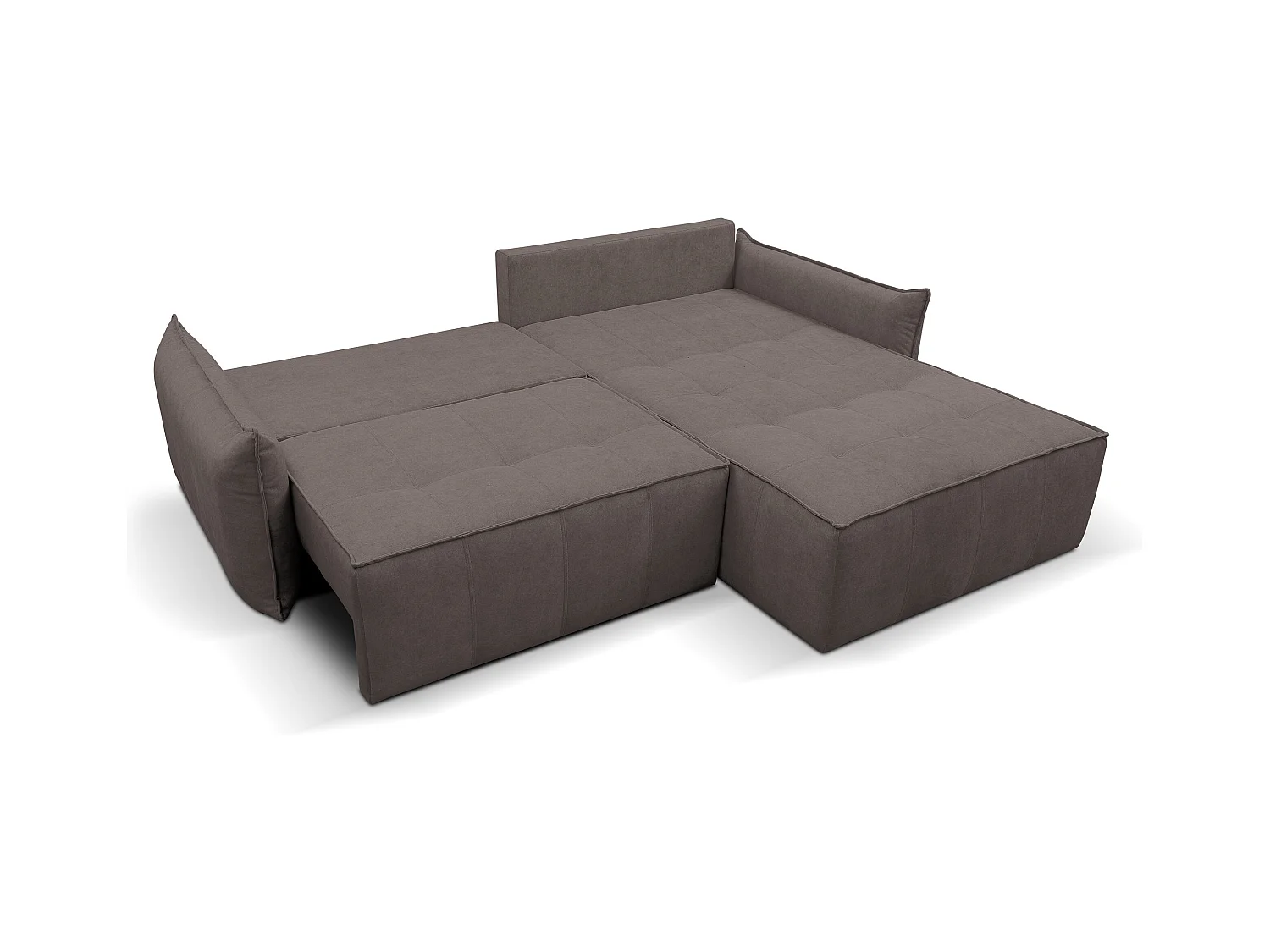 Canapé d'angle Empoli avec fonction couchage et coffre de rangement, couleur : marron, tissu velours, pouf à droite