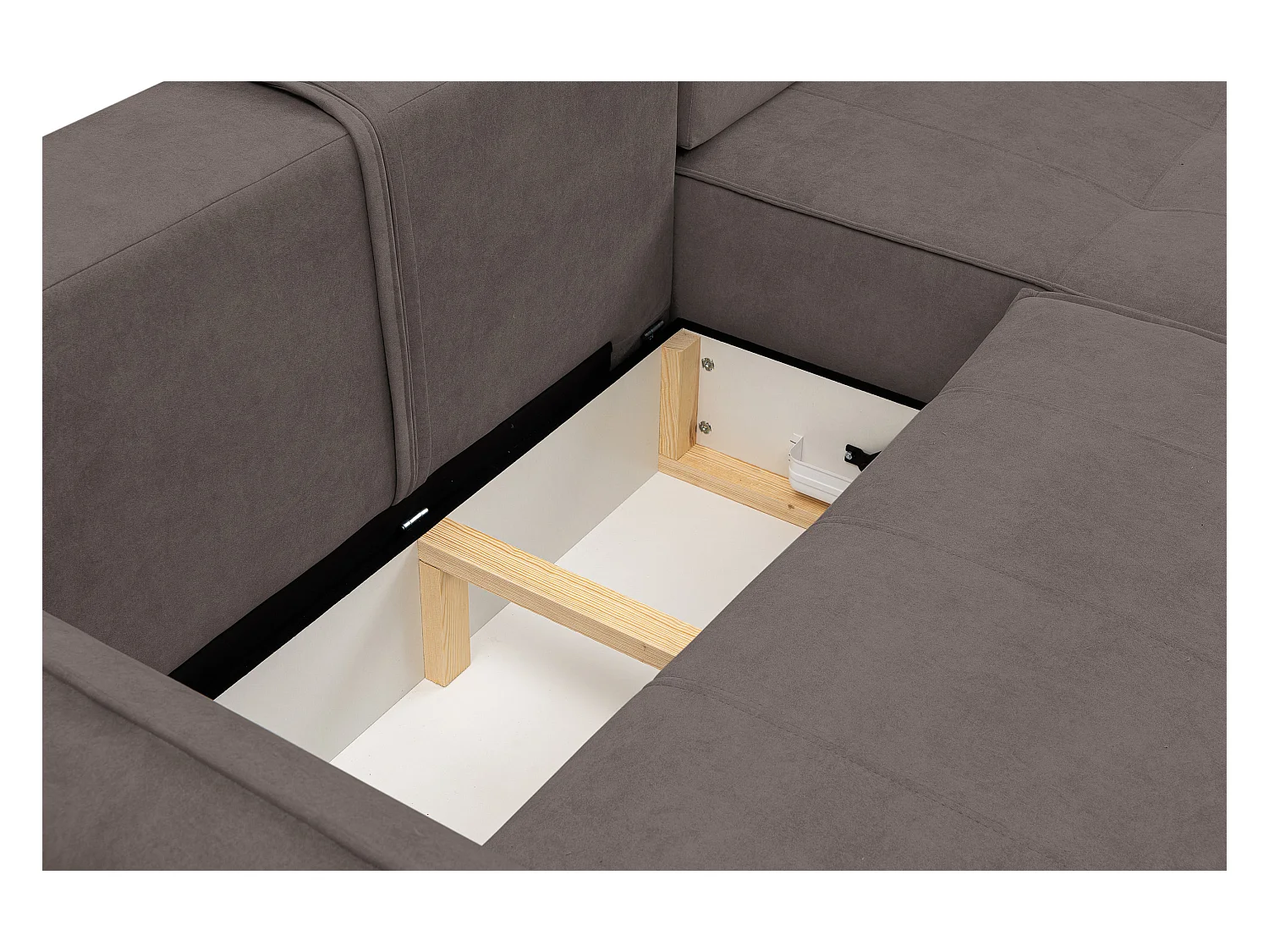 Canapé d'angle Empoli avec fonction couchage et coffre de rangement, couleur : marron, tissu velours, pouf à droite